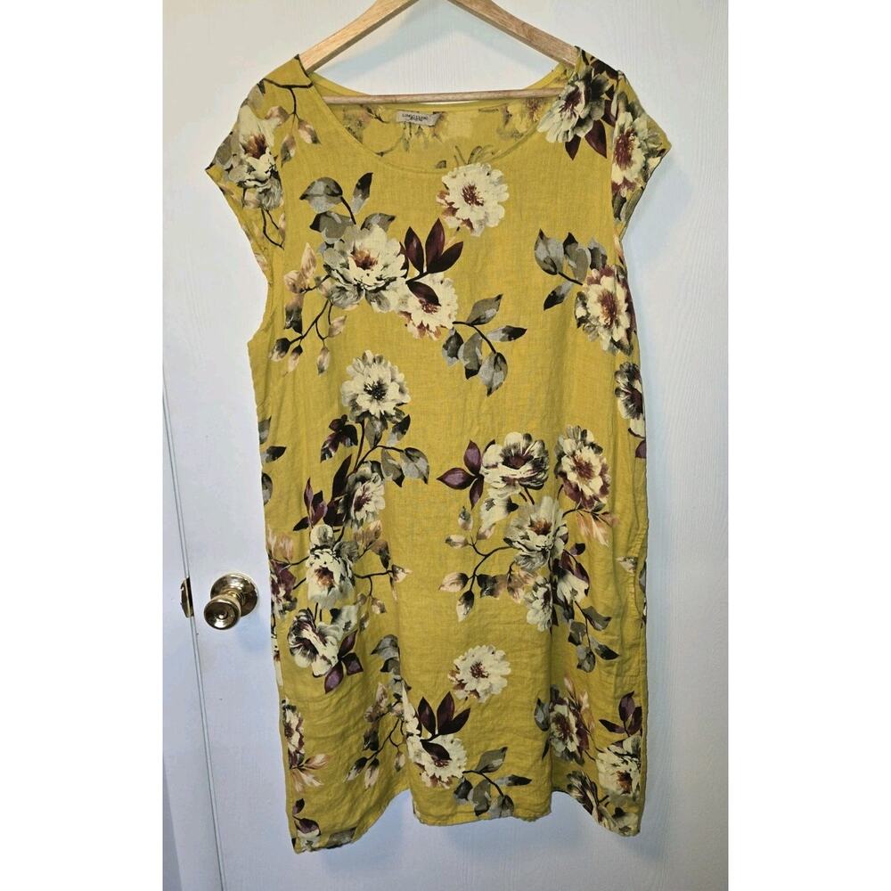 Lungo L'Arno Mustard Yellow Floral Linen Blend Dress 1X Cap Sleeve Pockets